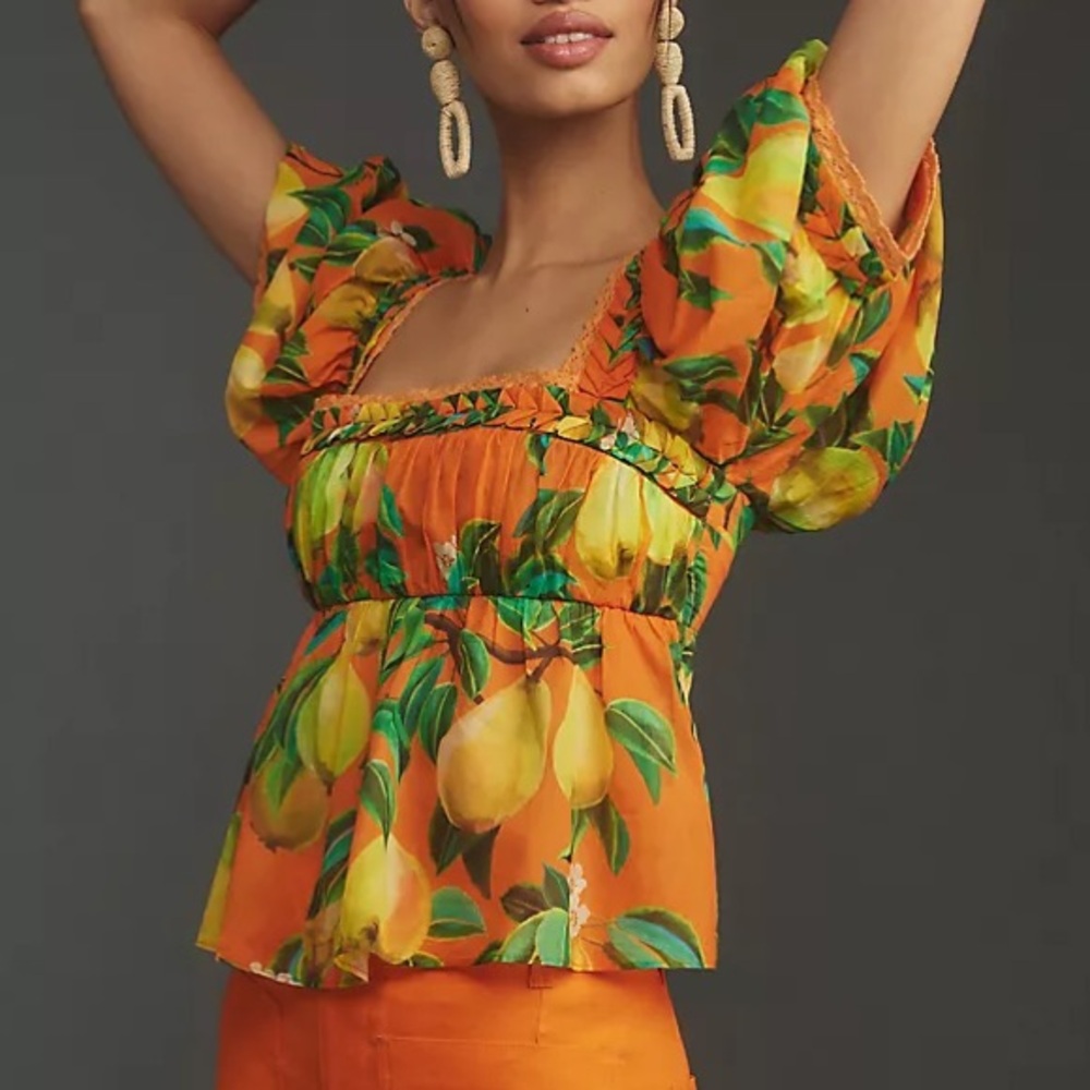 NEW Farm Rio Chic Pears Short-Sleeve Blouse Top Orange Fruit Print Large L NWT